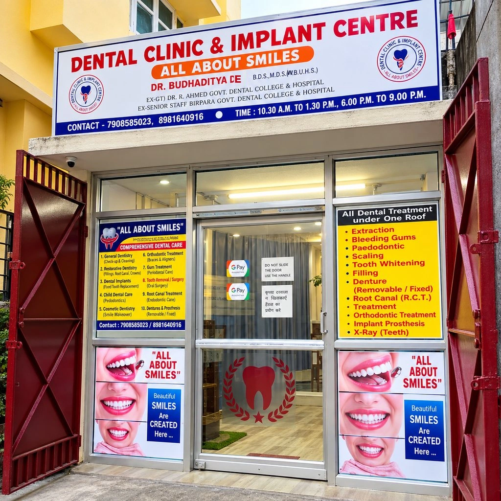 All About Smiles Dental Clinic & Implant Centre entrance signboard in Salt Lake Kolkata